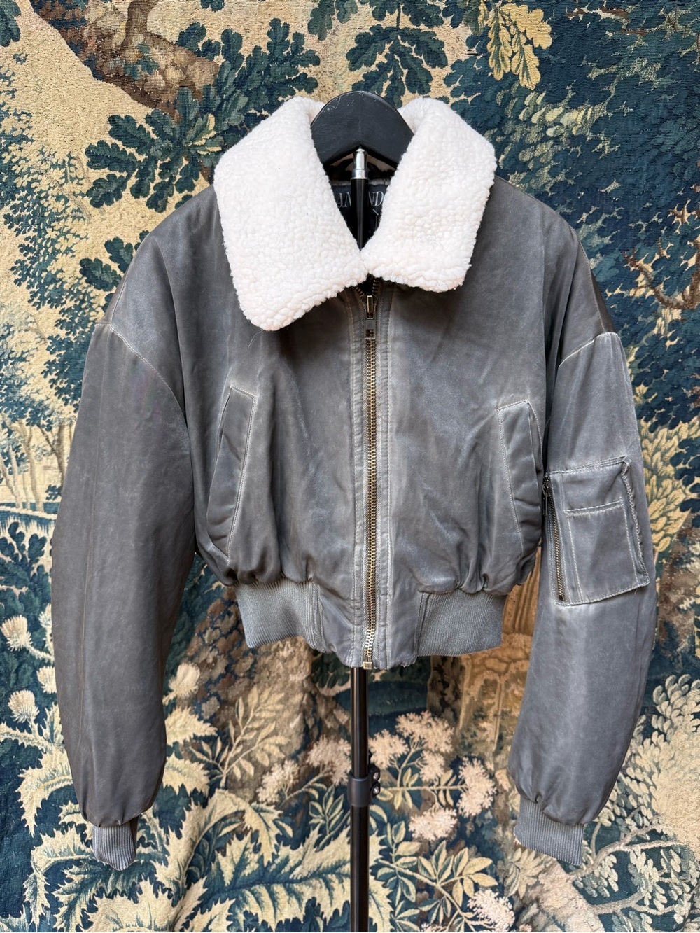 Womens Gray Bomber Jacket with White Sherpa Collar
